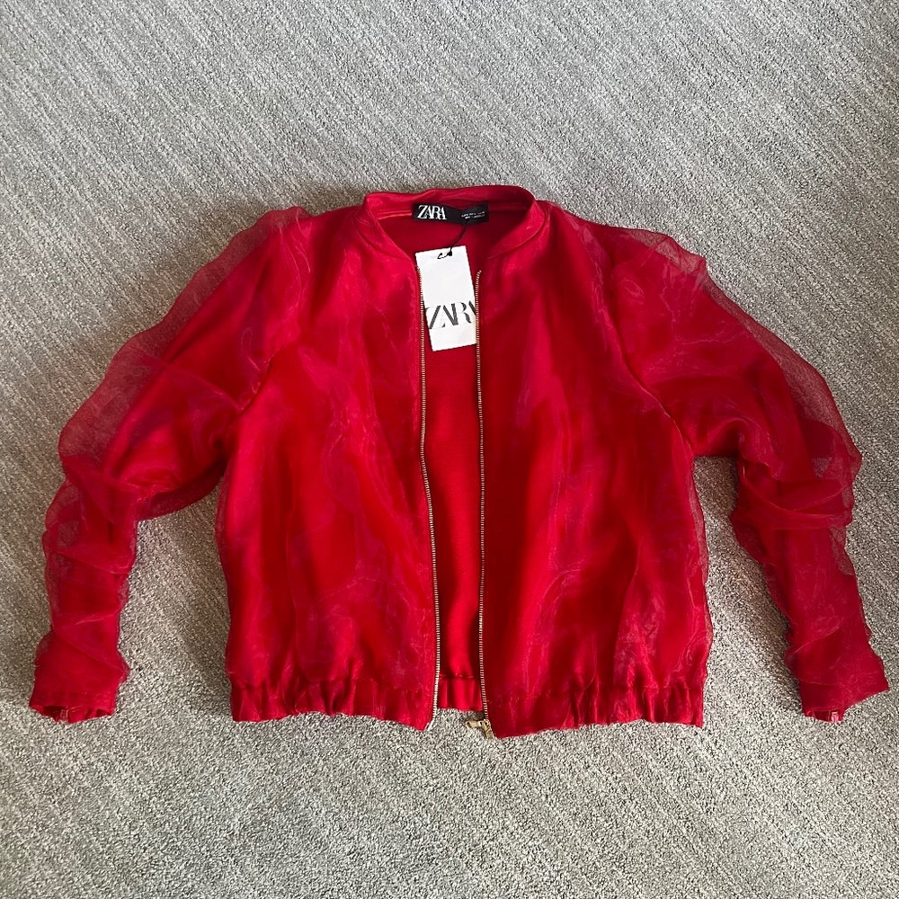 red chiffon sleeve bomber jacket